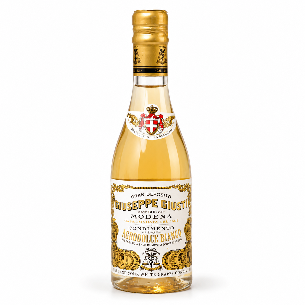 Bottle of Agrodolce Bianco with gold cap on a white background