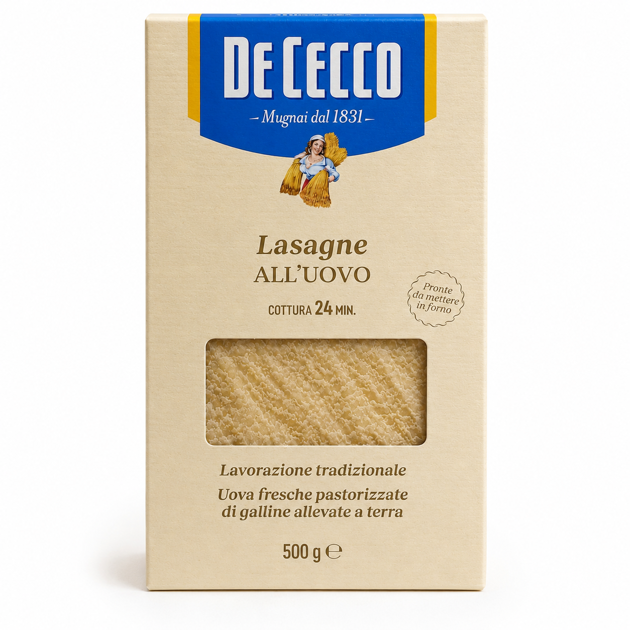 De Cecco lasagne packaging with brand logo and product name on a beige background