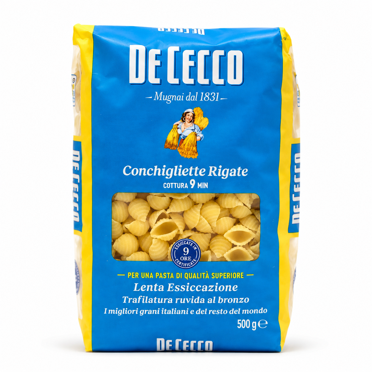 De Cecco Conchiglioni Rigate pasta package on a white background