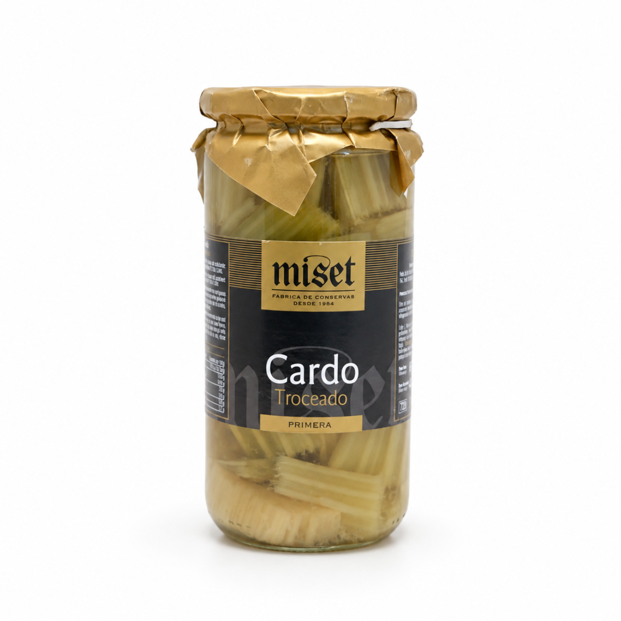 Jar of 'Cardo Troceado' with 'miset' label on a white background