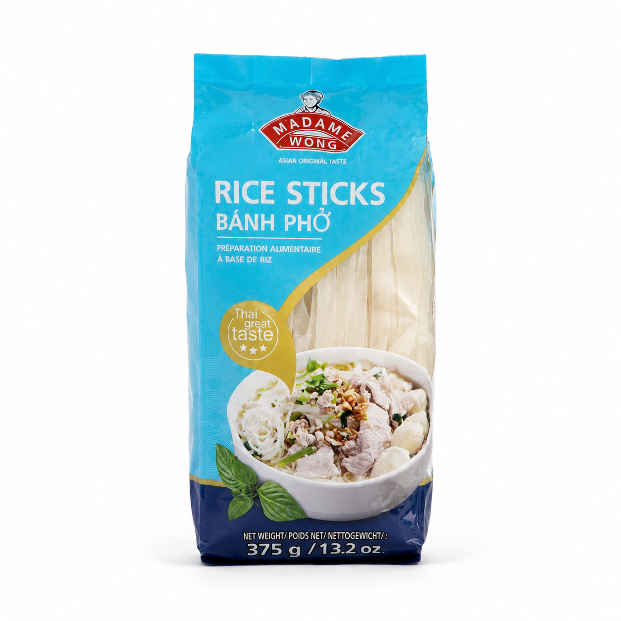 Packaging of Madame Wong rice sticks with a bowl of food on a white background