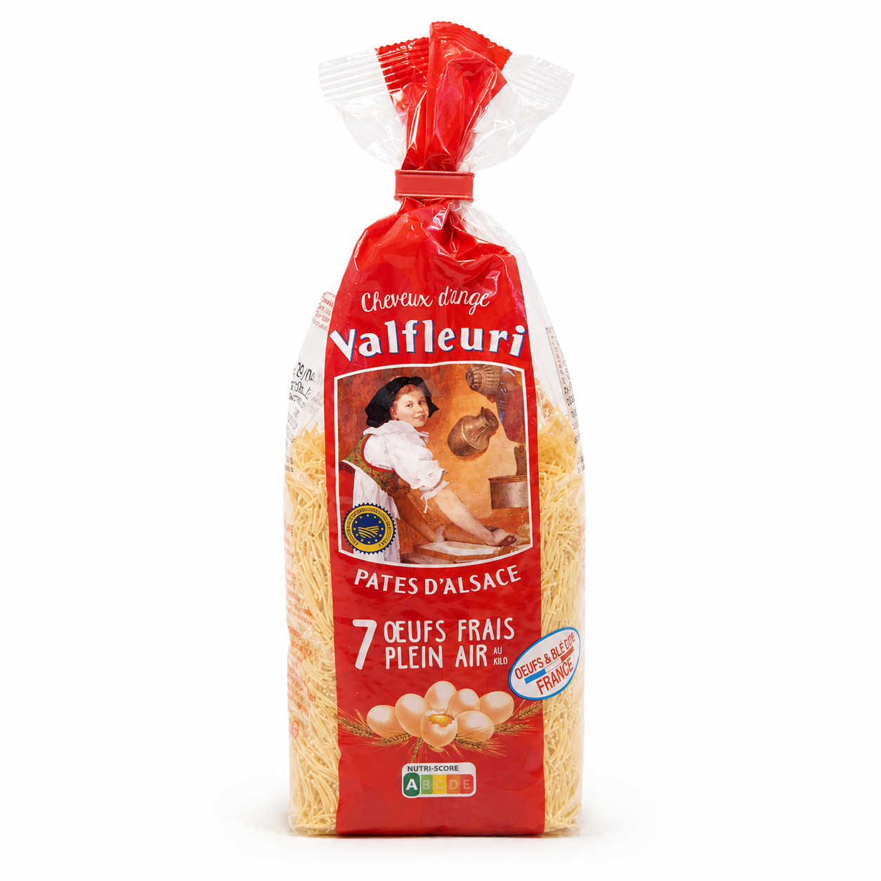 Valfleuri pasta packaging with red and white design on a white background