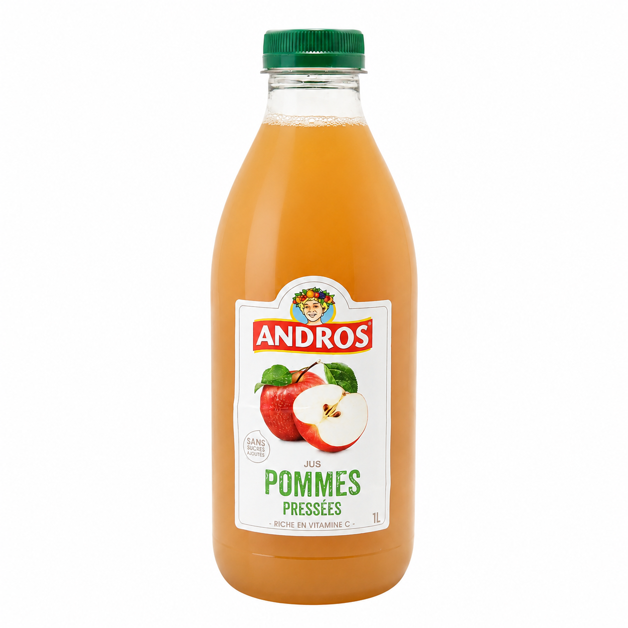Bottle of Andros apple juice with a green cap on a white background