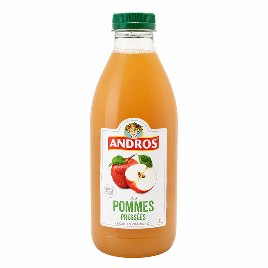 Bottle of Andros apple juice with a green cap on a white background