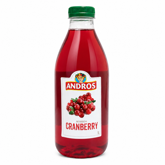 Bottle of Andros cranberry juice with a green cap on a white background