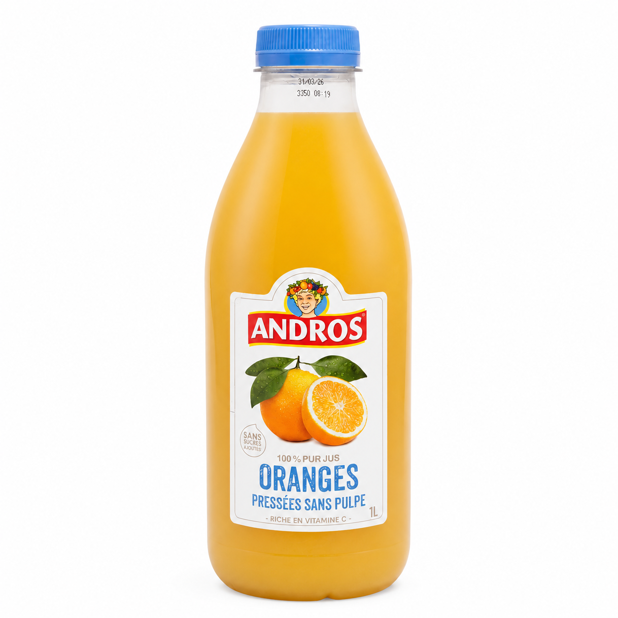 Bottle of Andros orange juice with a blue cap on a white background