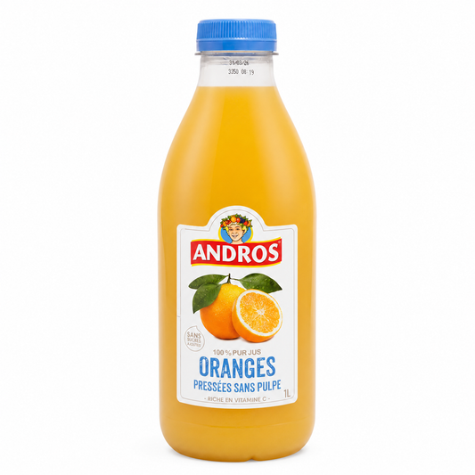 Bottle of Andros orange juice with a blue cap on a white background