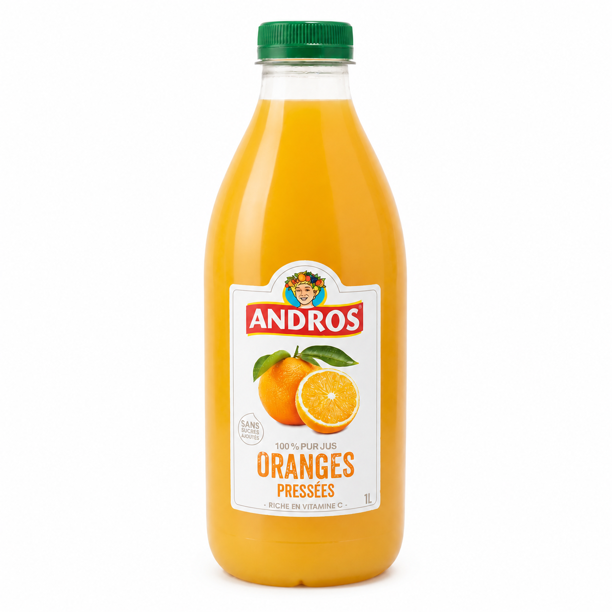 Bottle of Andros orange juice with a green cap on a white background