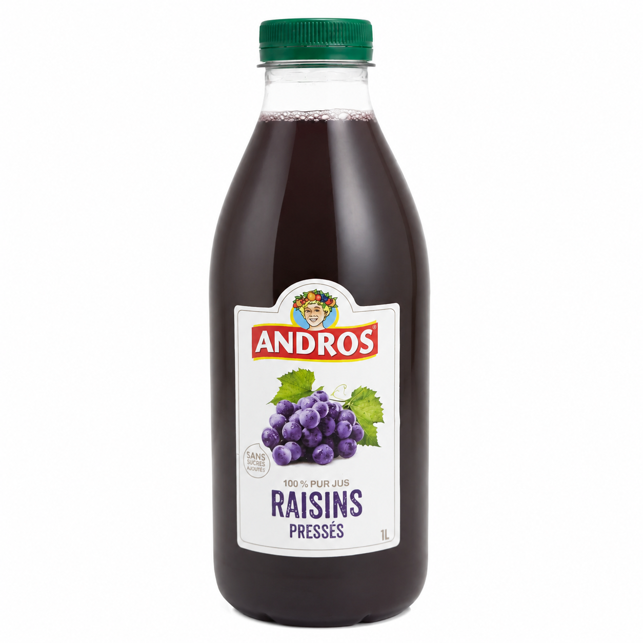 Bottle of Andros raisin juice with a green cap on a white background