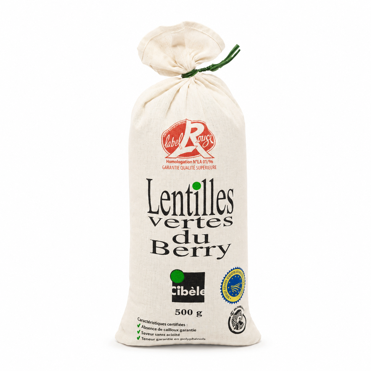 Bag of Lentilles vertes du Berry with Label Rouge logo on a white background