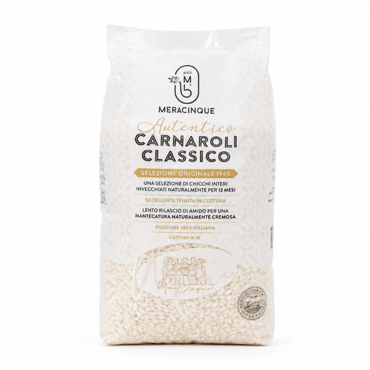 Bag of Meracinque Carnaroli Classico rice on a white background