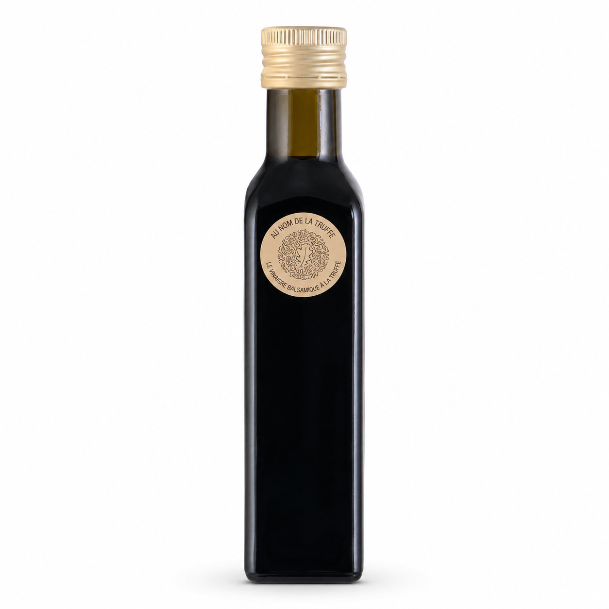 Black bottle with gold cap and label on a white background