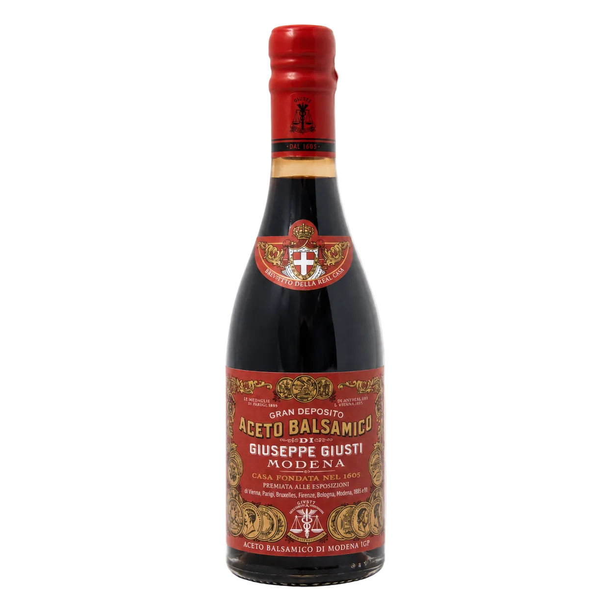 Bottle of Aceto Balsamico with a red label on a white background