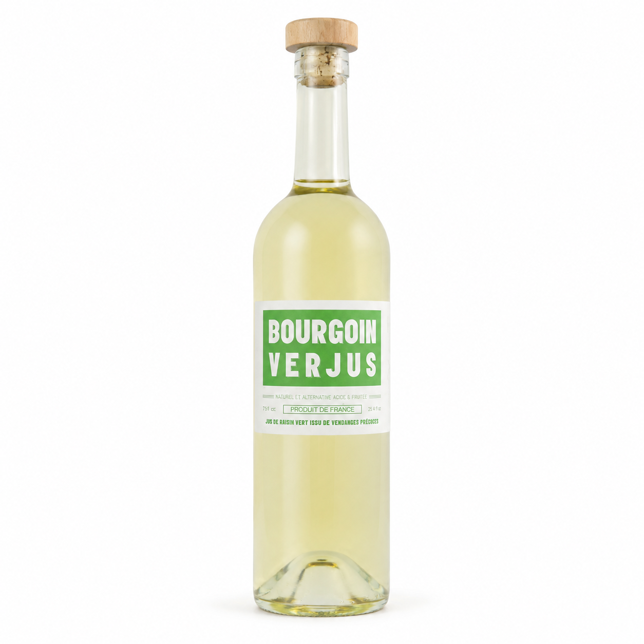 Bottle of Bourgoin Verjus wine with a green label on a white background