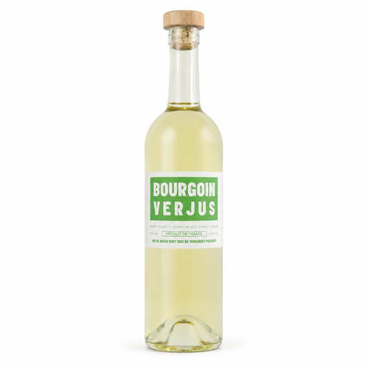 Bottle of Bourgoin Verjus wine with a green label on a white background