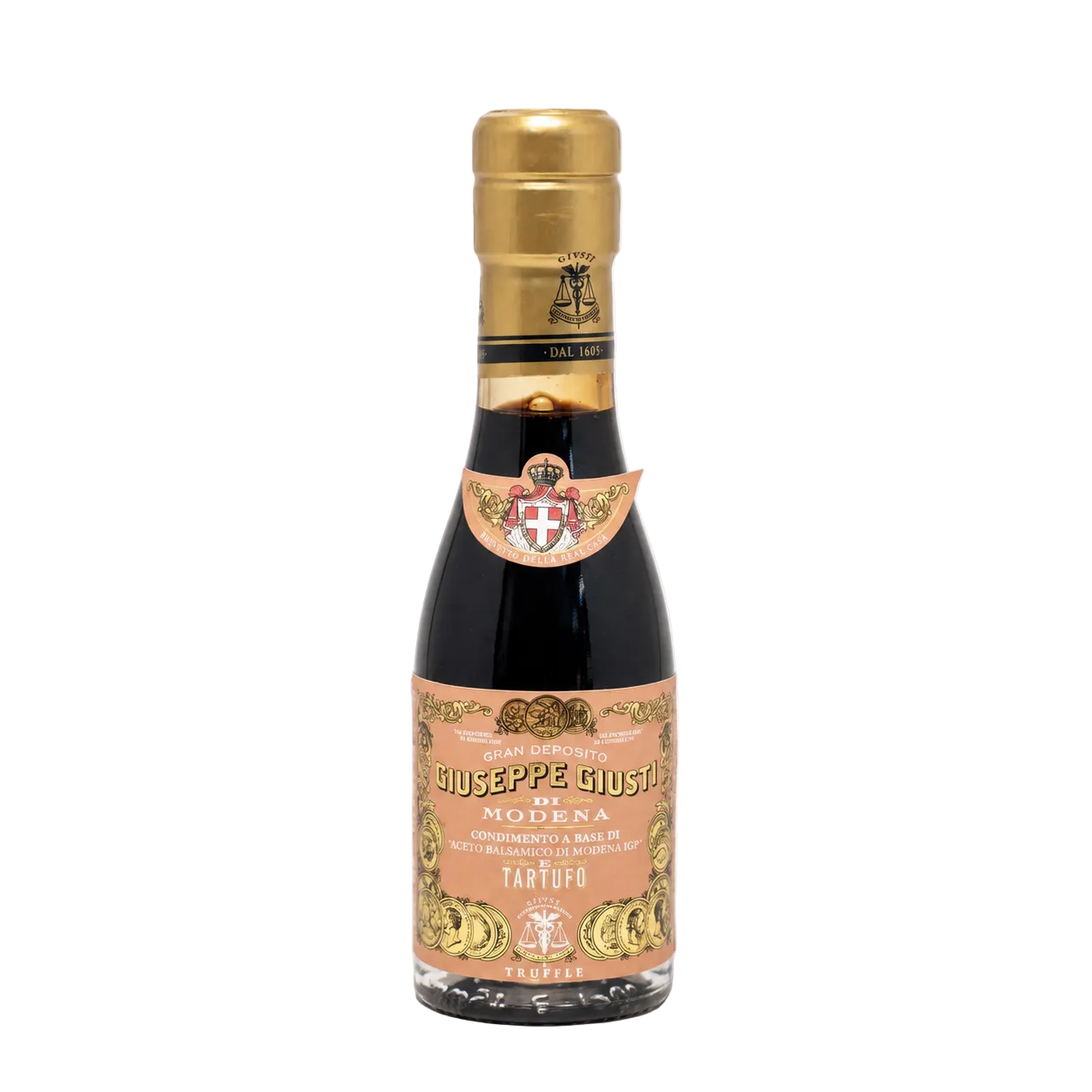 Bottle of Giuseppe Giusti balsamic vinegar with a gold cap on a white background