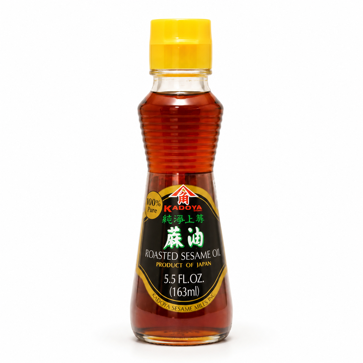 Bottle of Kadoya Roasted Sesame Oil on a white background