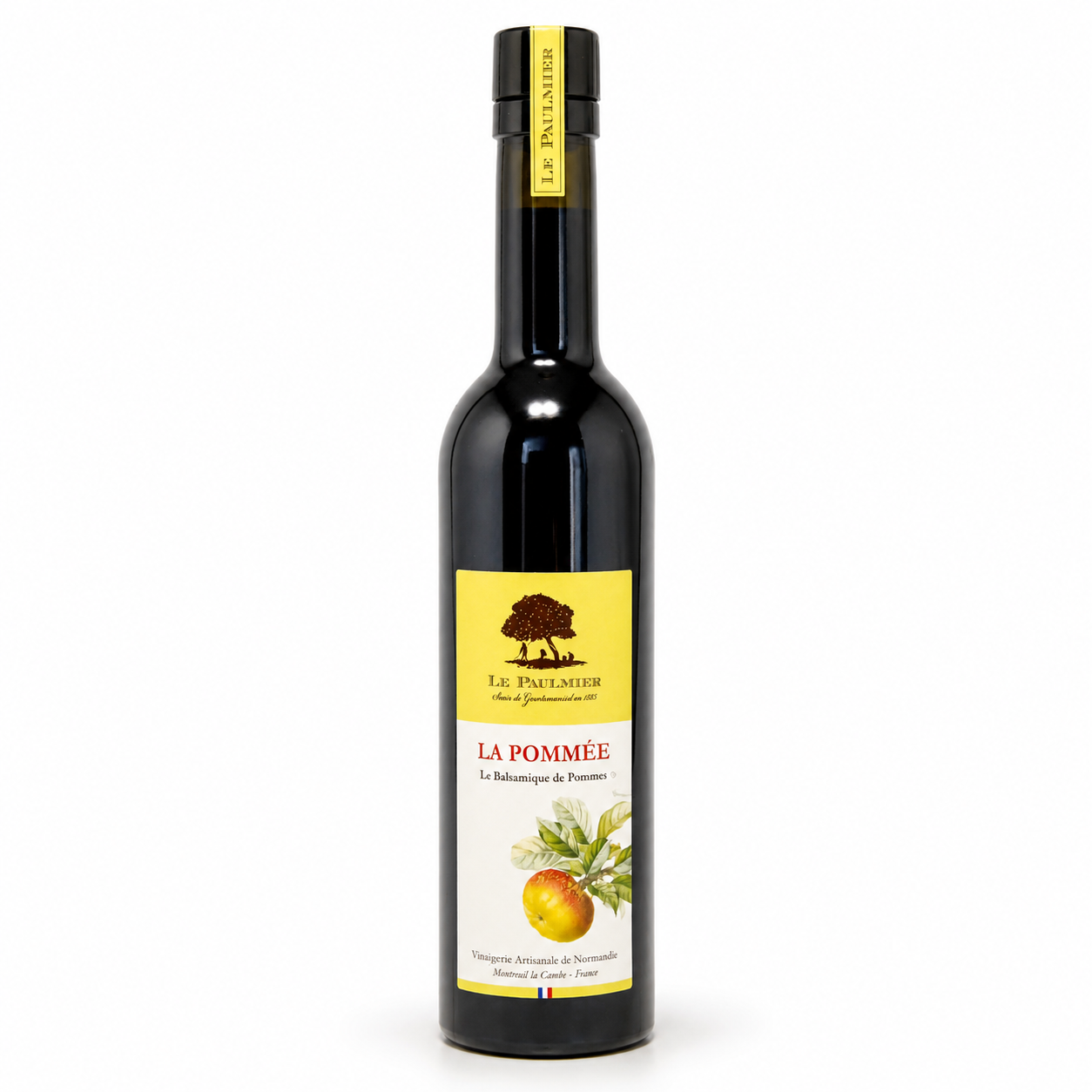 Bottle of La Pomèdee balsamic vinegar on a white background