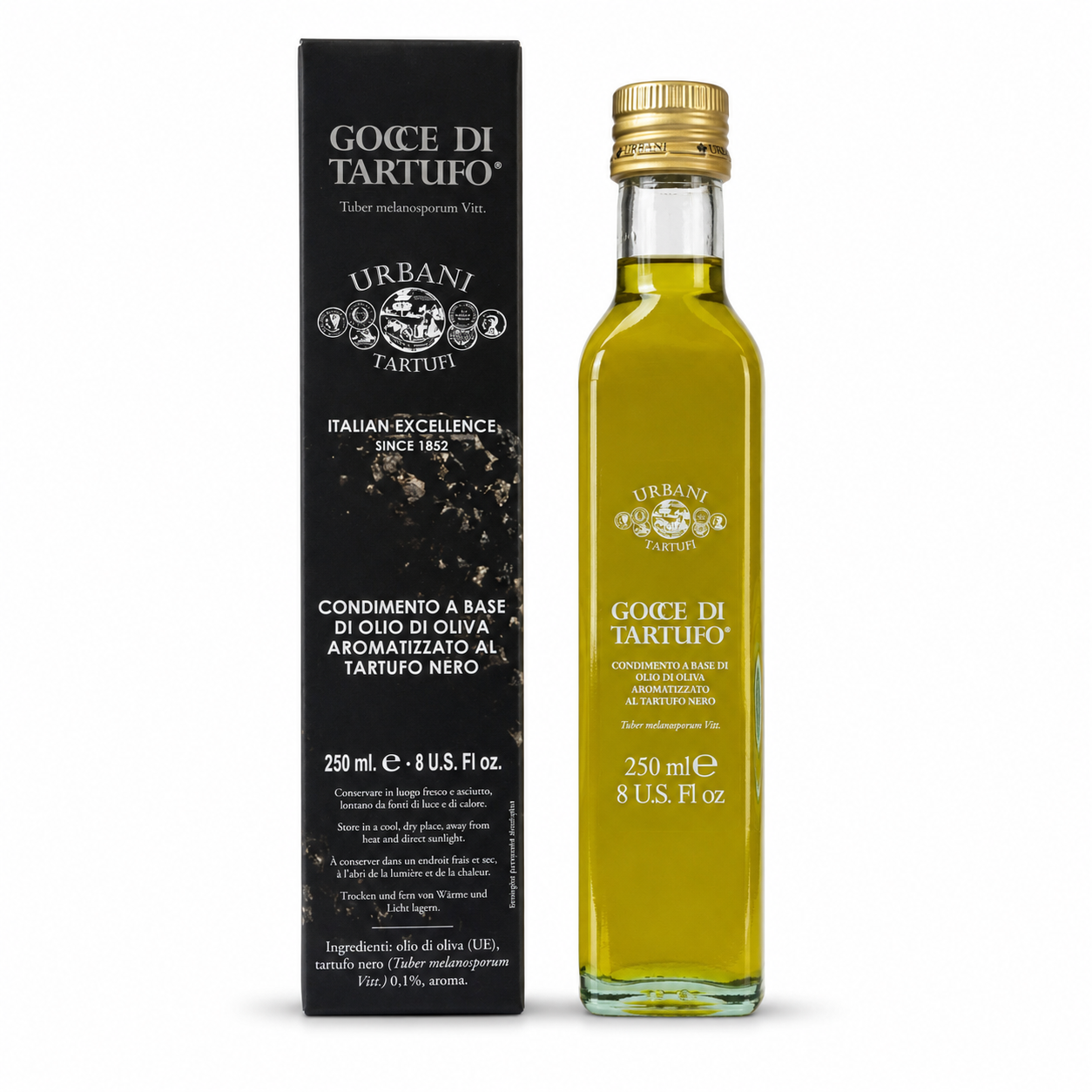 Bottle of Urbani olive oil with packaging on a white background