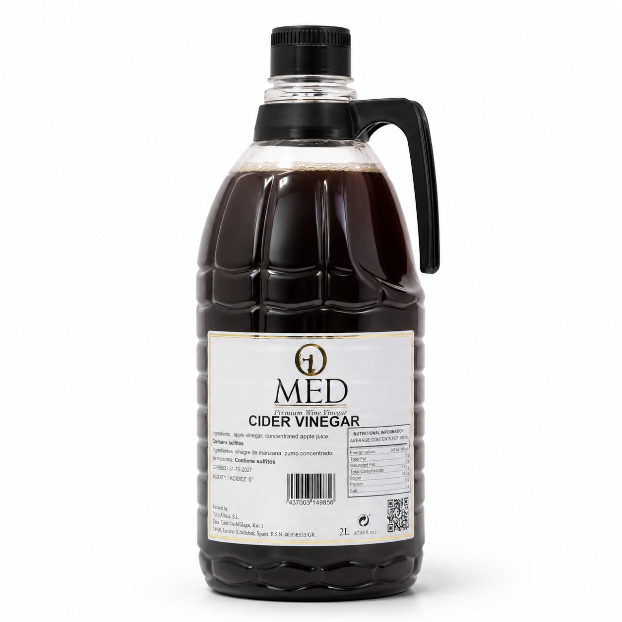 Bottle of cider vinegar with a label on a white background
