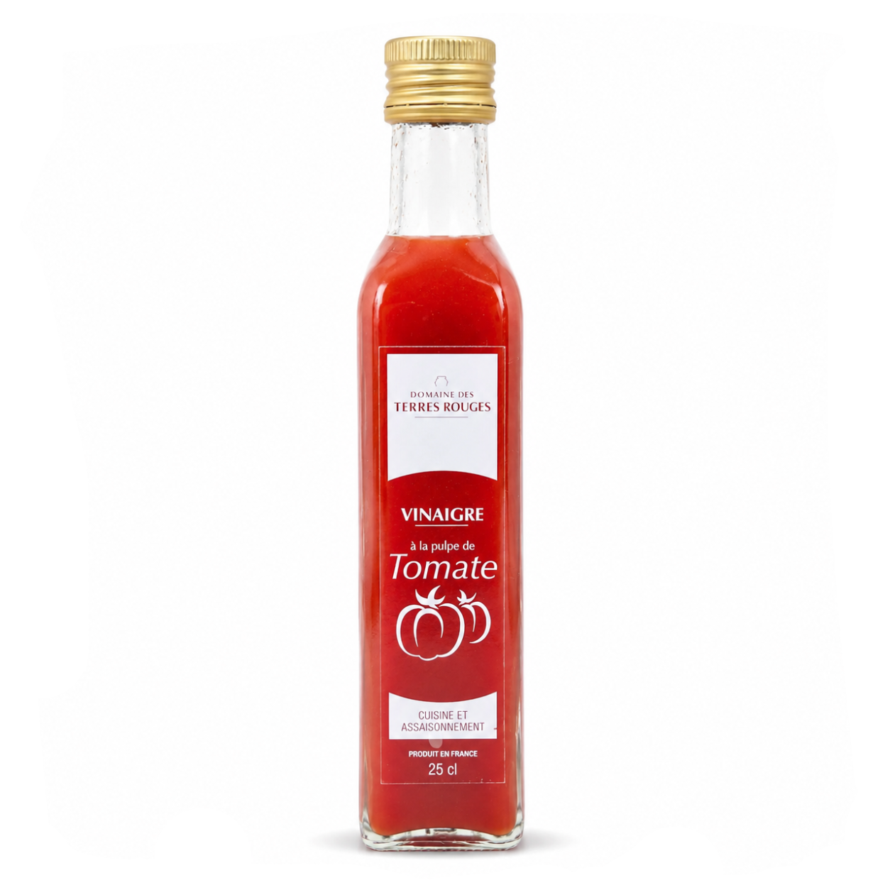 Bottle of tomato vinegar with a gold cap on a white background