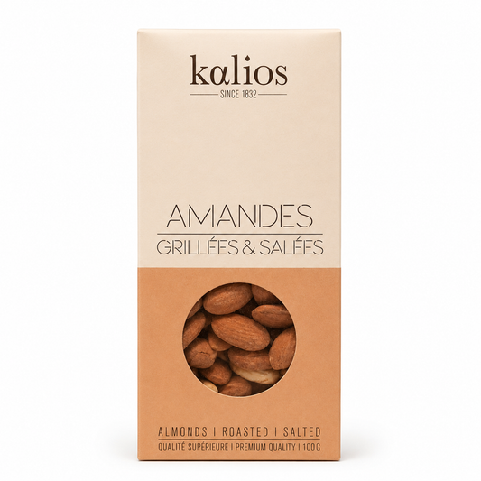 Box of Kalios roasted and salted almonds on a white background