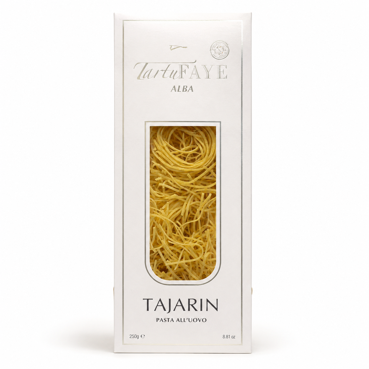 Box of Tarta Faye Alba Tajarin pasta on a white background