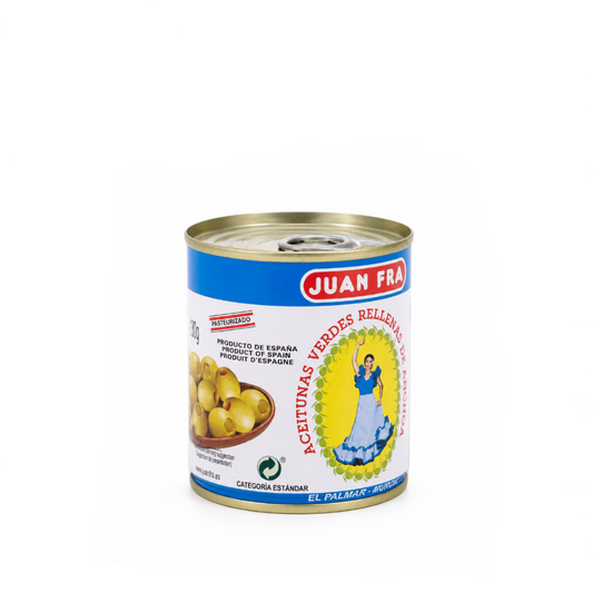 Can of Juan Fra green stuffed olives on a white background