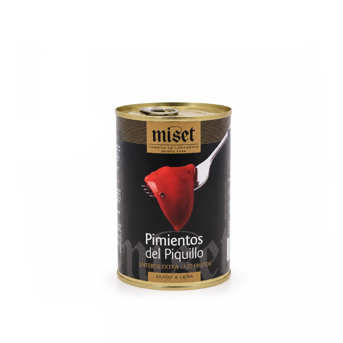 Can of Miset Pimientos del Piquillo on a white background