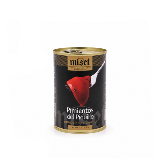 Can of Miset Pimientos del Piquillo on a white background