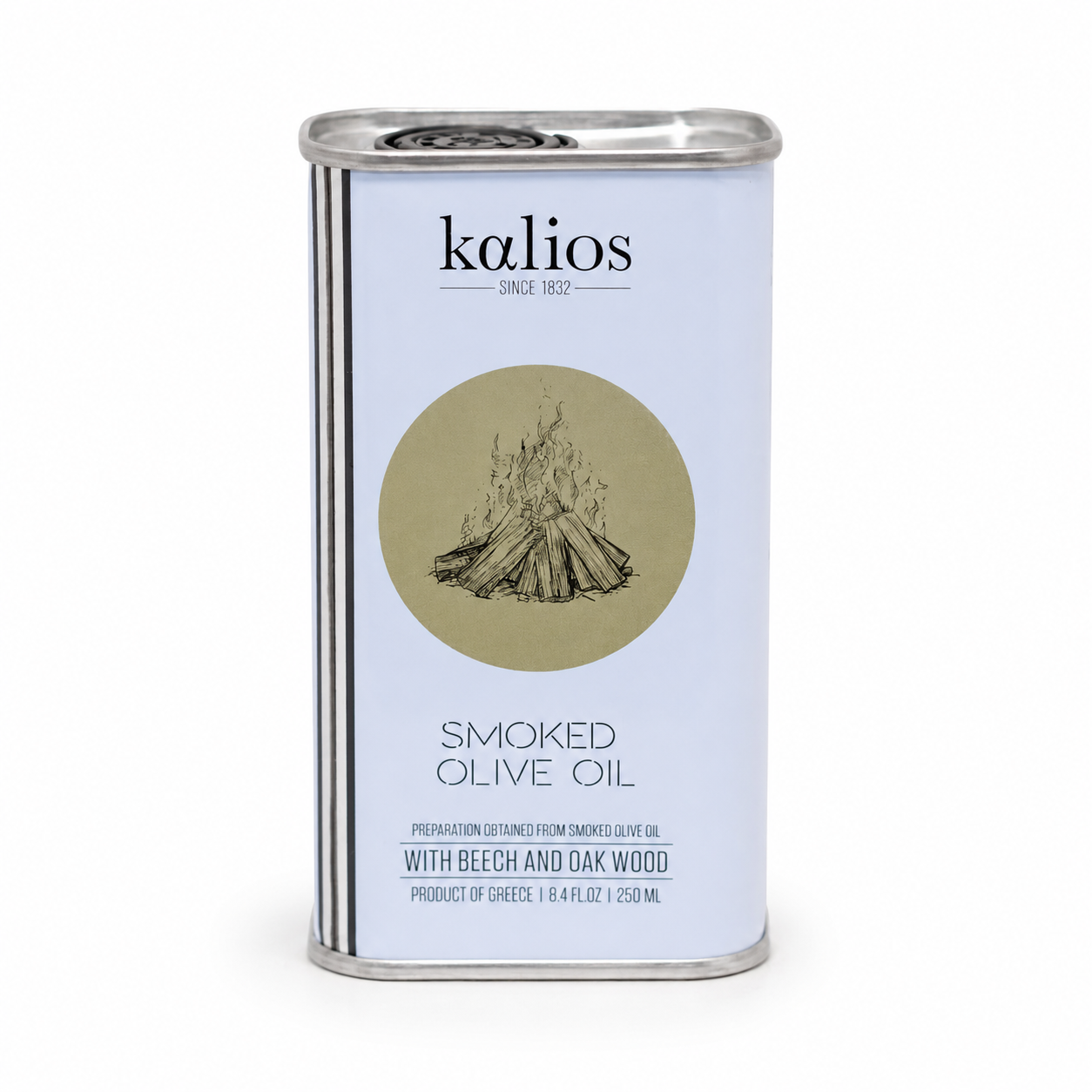Can of kalios smoked olive oil on a white background