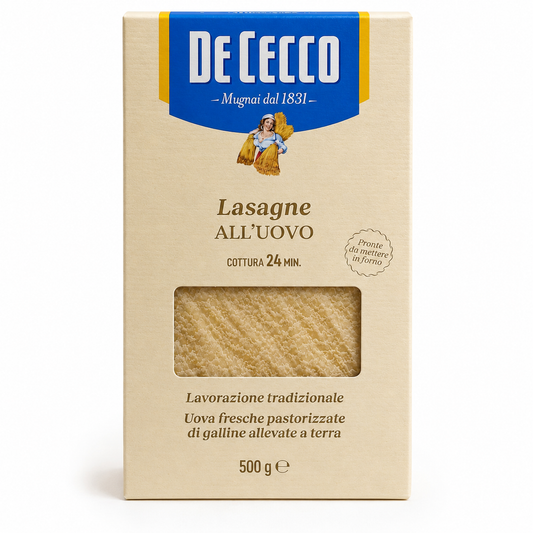 De Cecco lasagne packaging with brand logo and product name on a beige background