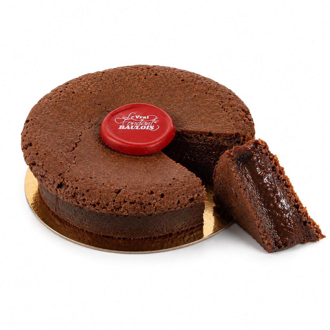 Chocolate cake with a slice removed, featuring a red lid with branding on a white background.