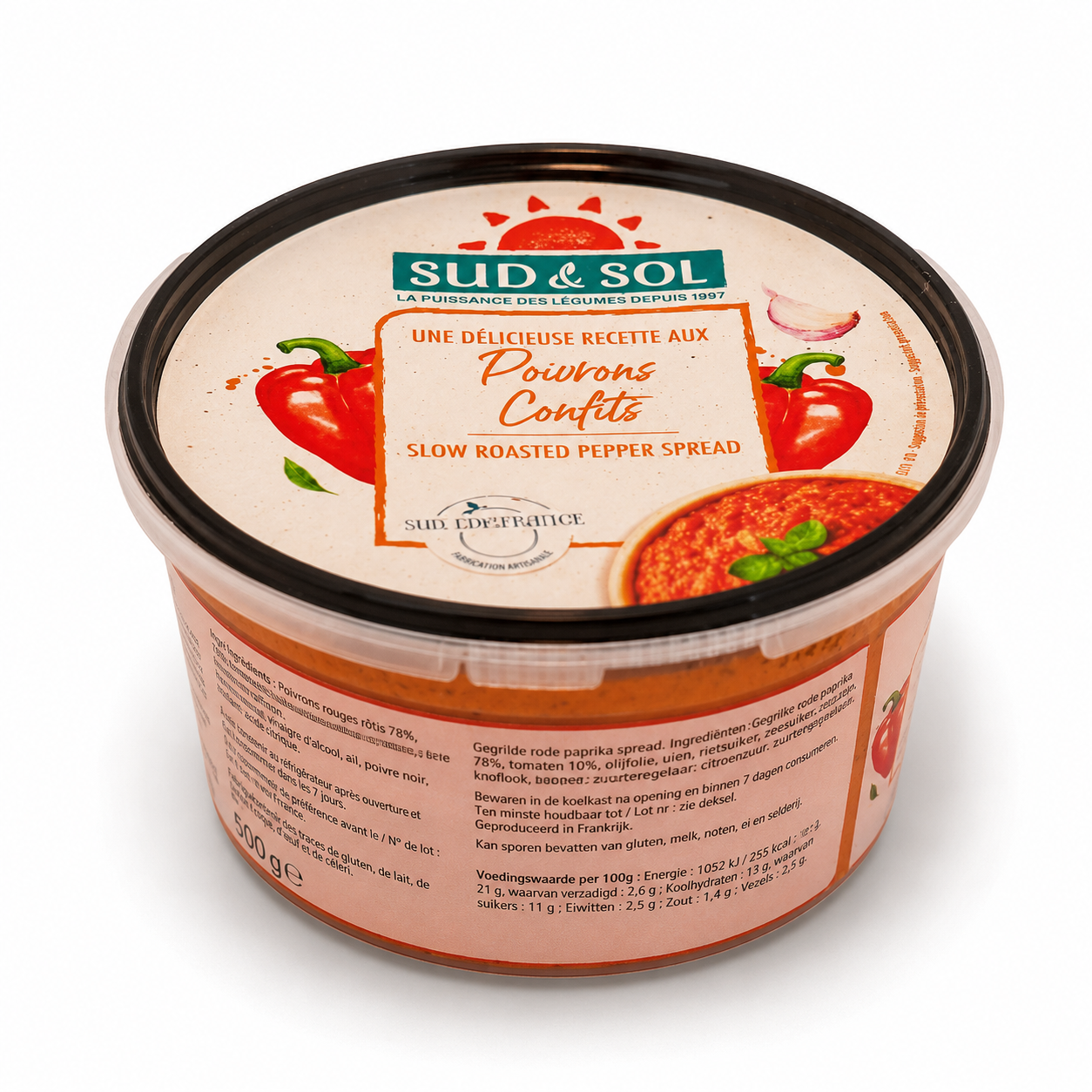 Container of Sud & Sol slow roasted pepper spread with label on a white background