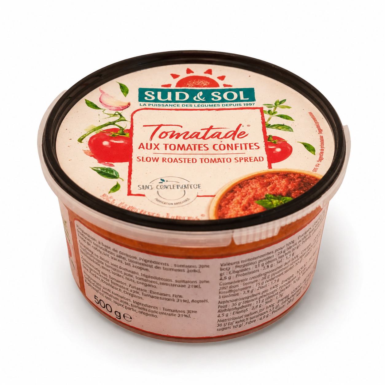 Container of Sud & Sol tomato spread with label on a white background