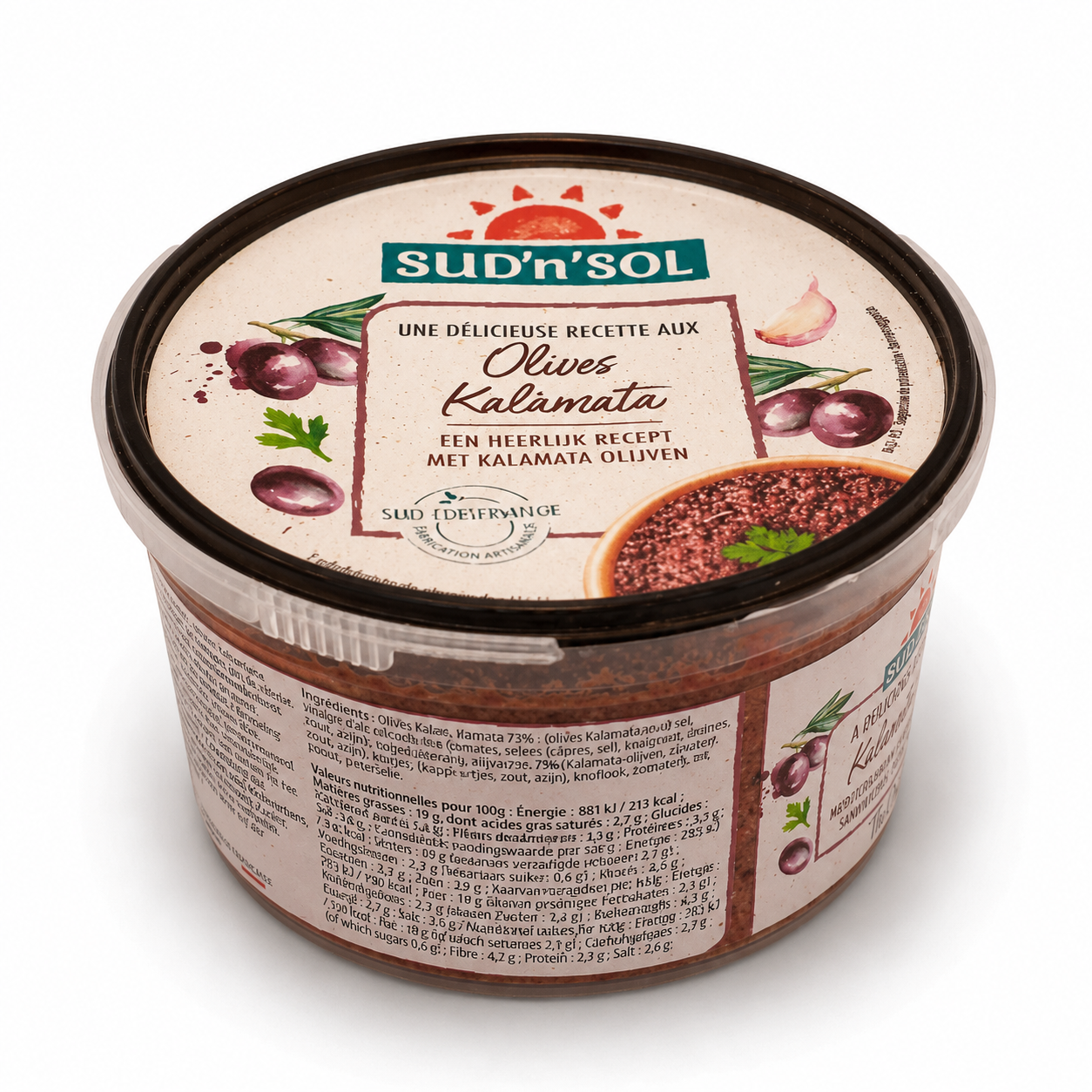 Container of Sud'n'Sol olive spread with label on a white background