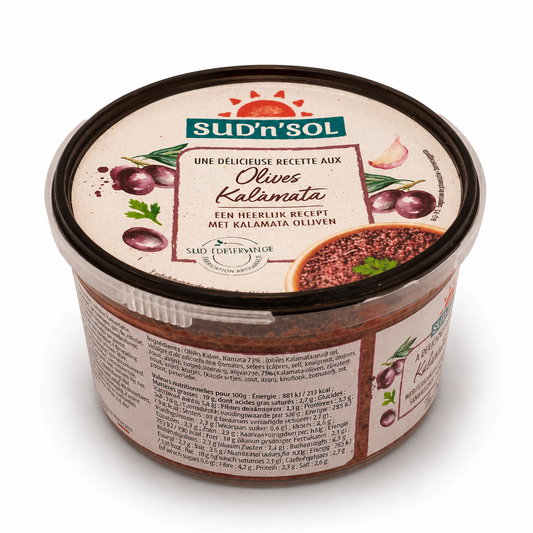 Container of Sud'n'Sol olive spread with label on a white background