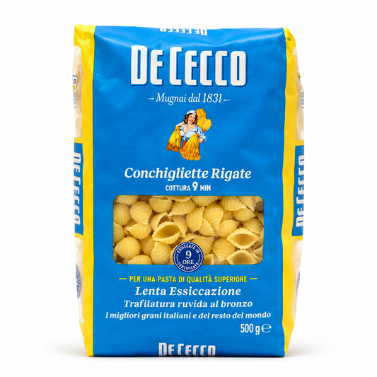 De Cecco Conchiglioni Rigate pasta package on a white background