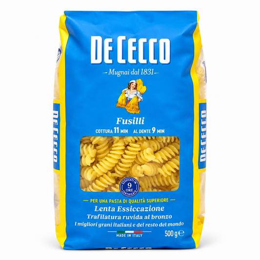 De Cecco Fusilli pasta package on a white background