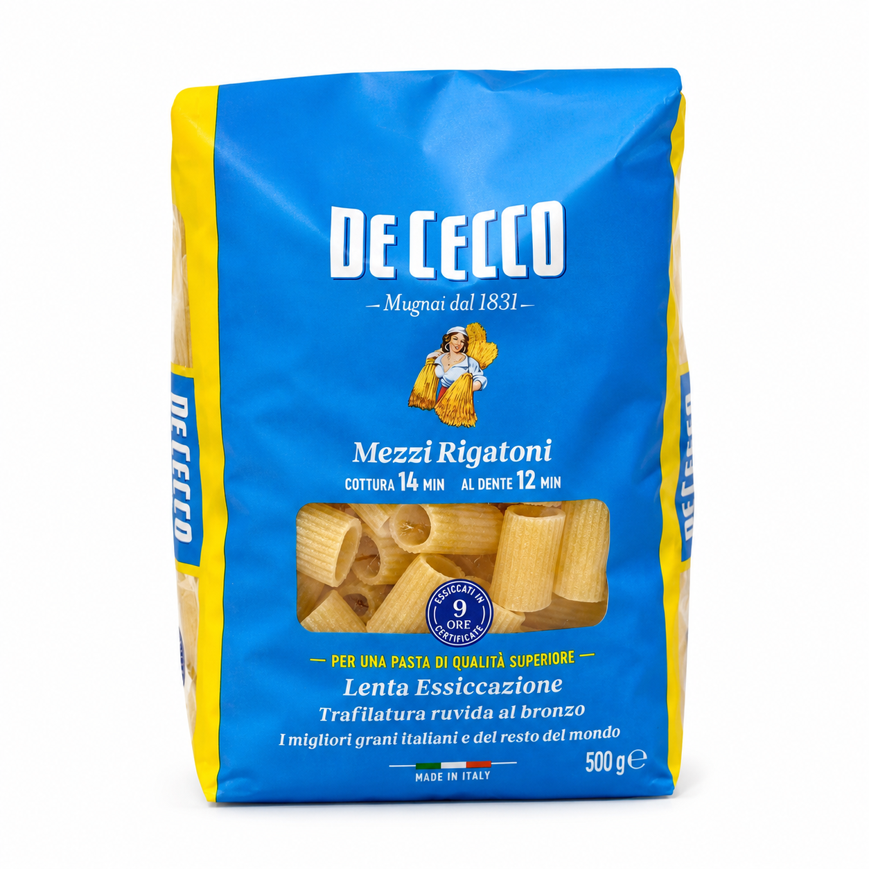 De Cecco Mezzi Rigatoni pasta package on a white background