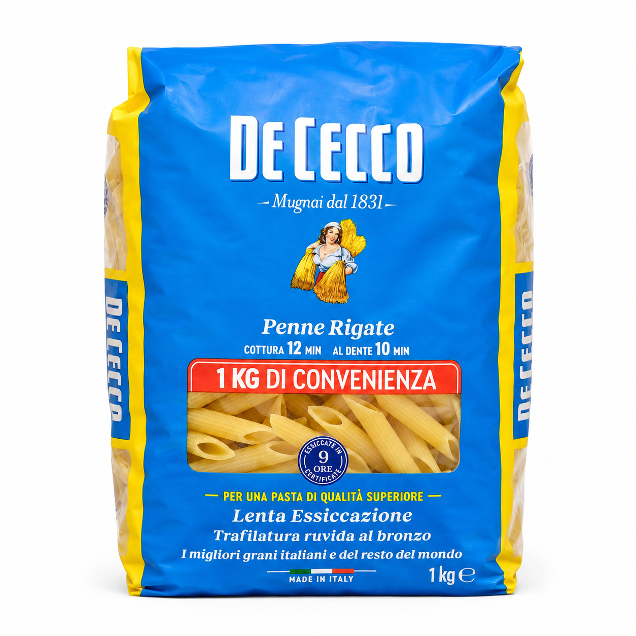 De Cecco Penne Rigate pasta package on a white background