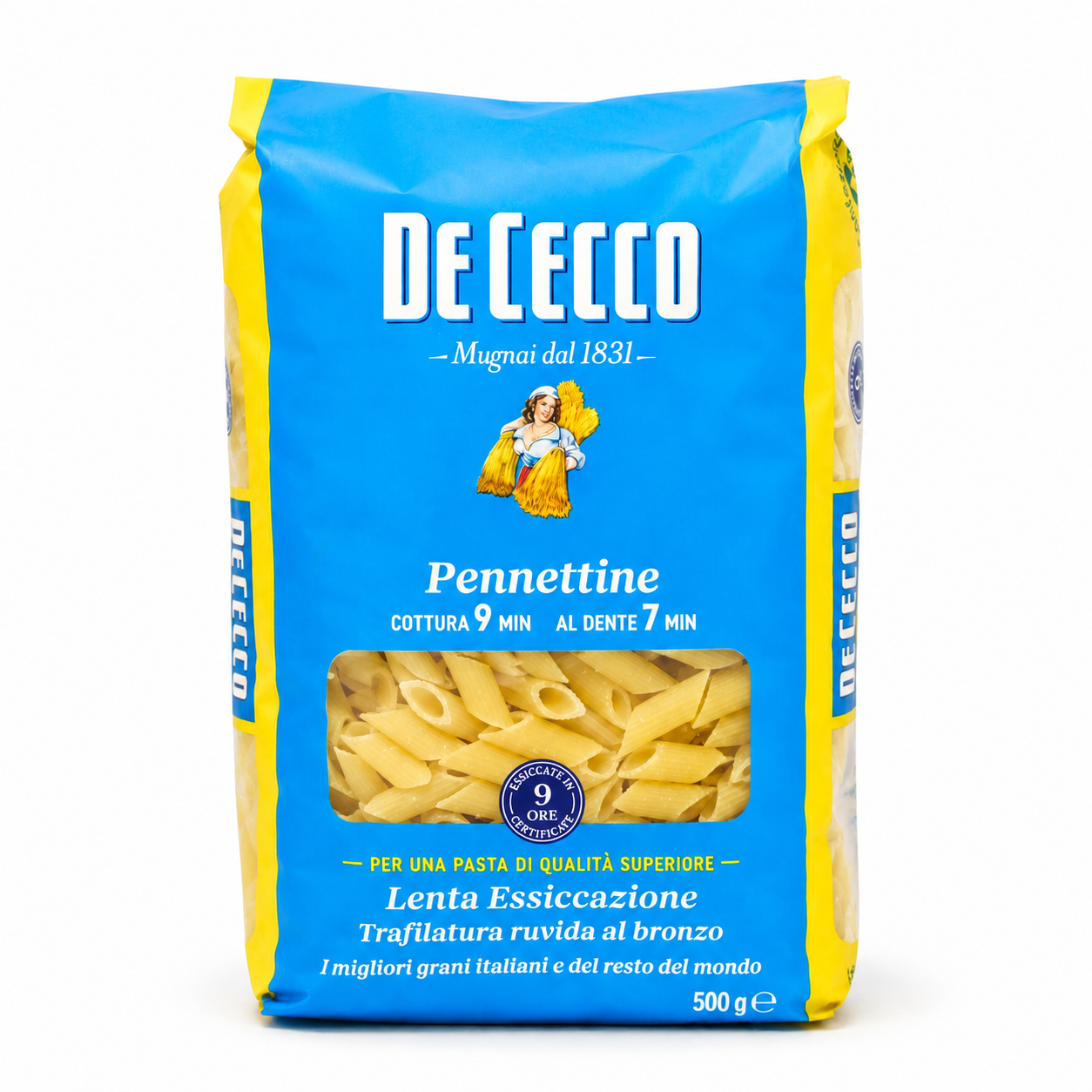 De Cecco Pennettine pasta package on a white background
