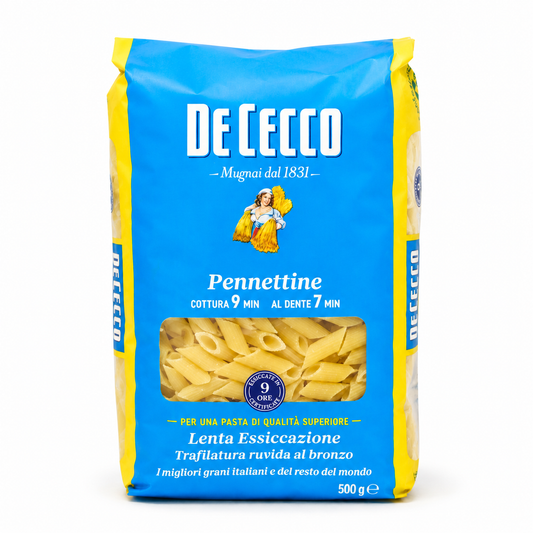 De Cecco Pennettine pasta package on a white background