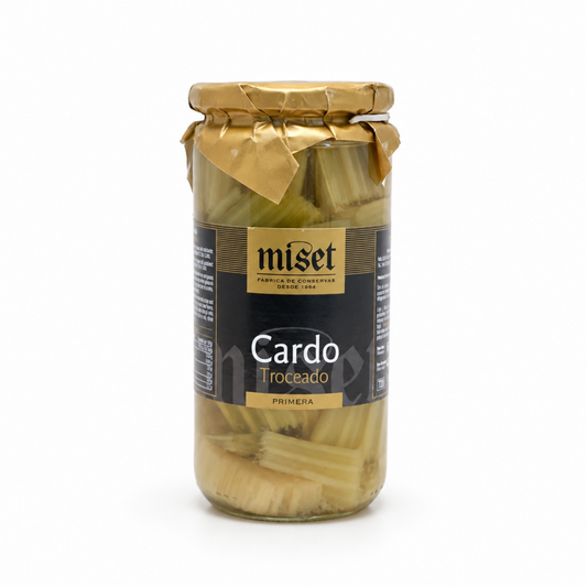 Jar of 'Cardo Troceado' with 'miset' label on a white background
