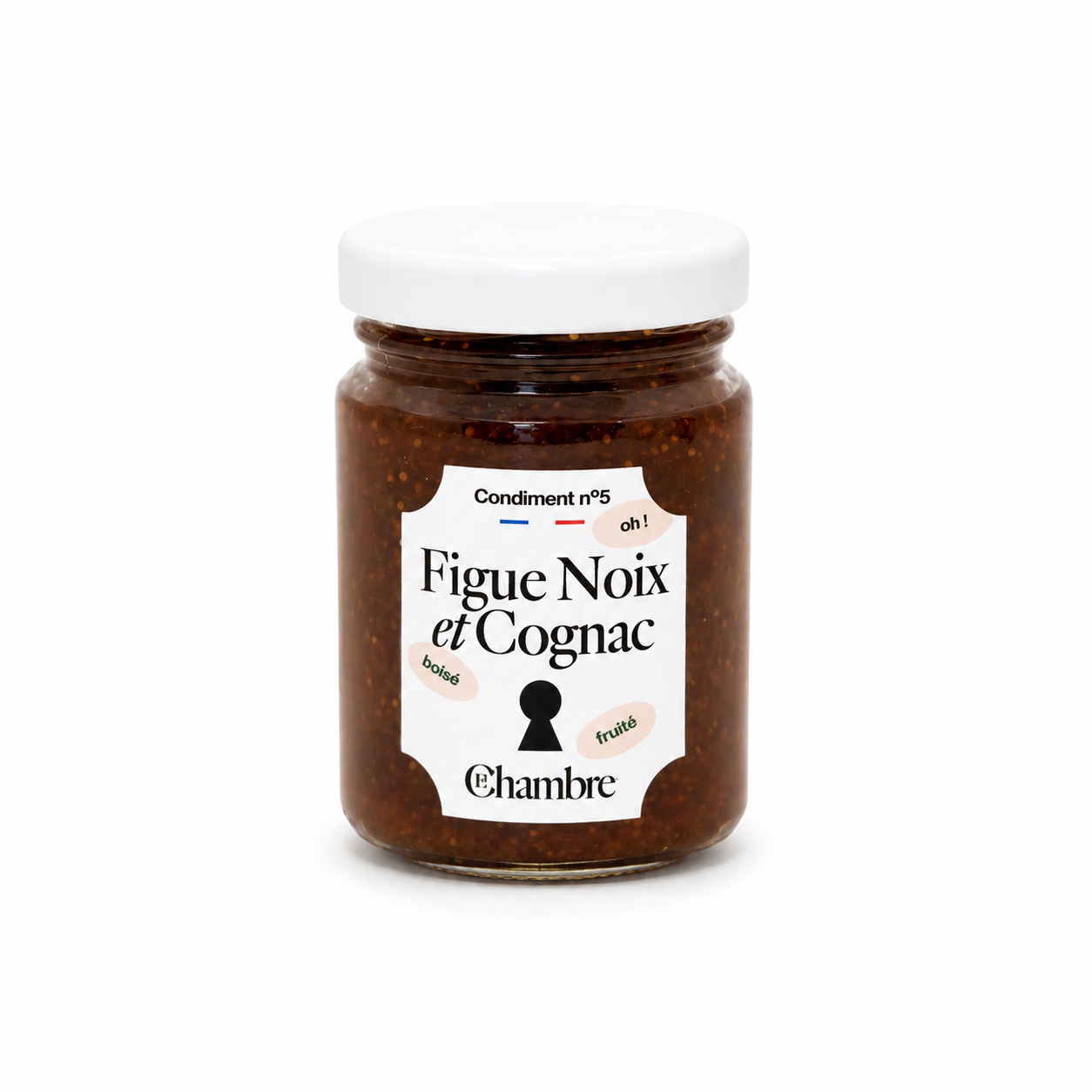Jar of Figue Noix et Cognac on a white background