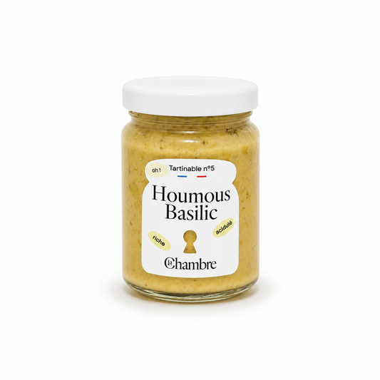 Jar of Houmous Basilic with a white label on a white background