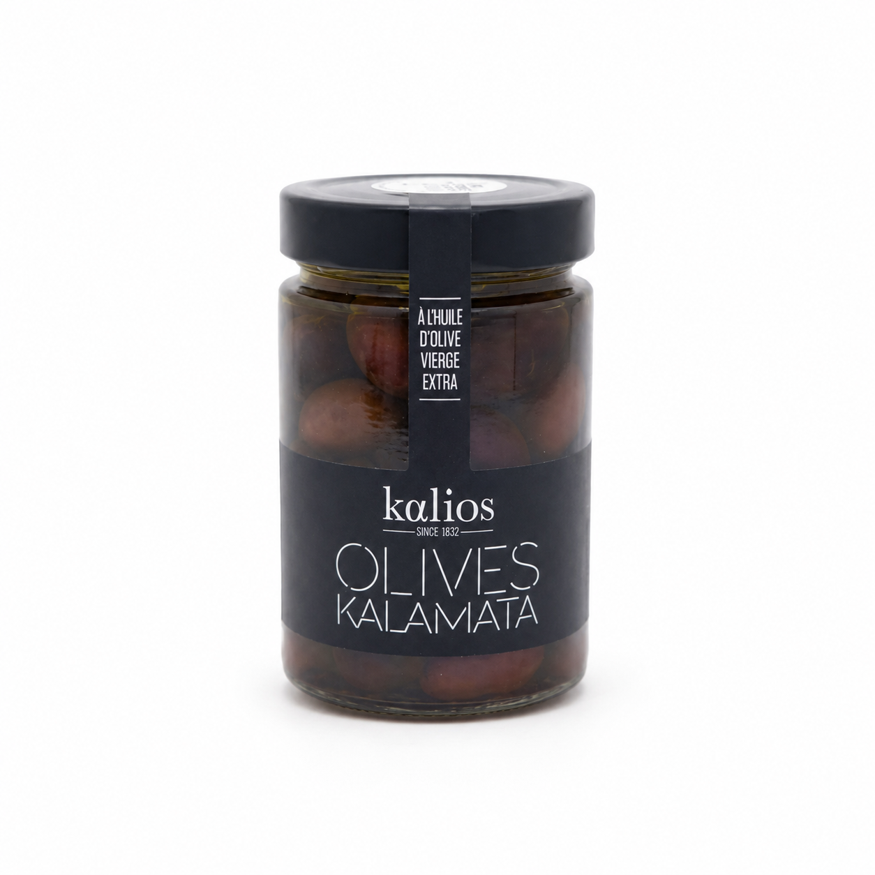 Jar of Kalios Kalamata olives on a white background