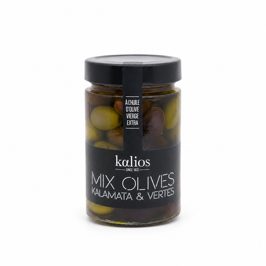 Jar of Kalios mixed olives on a white background