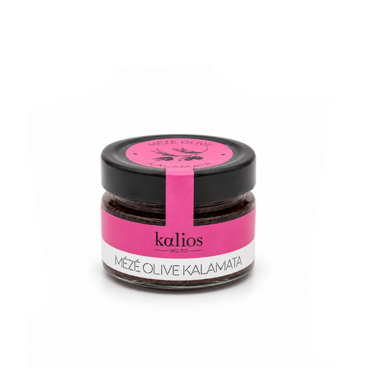 Jar of Meze Olive Kalamata with pink label on a white background