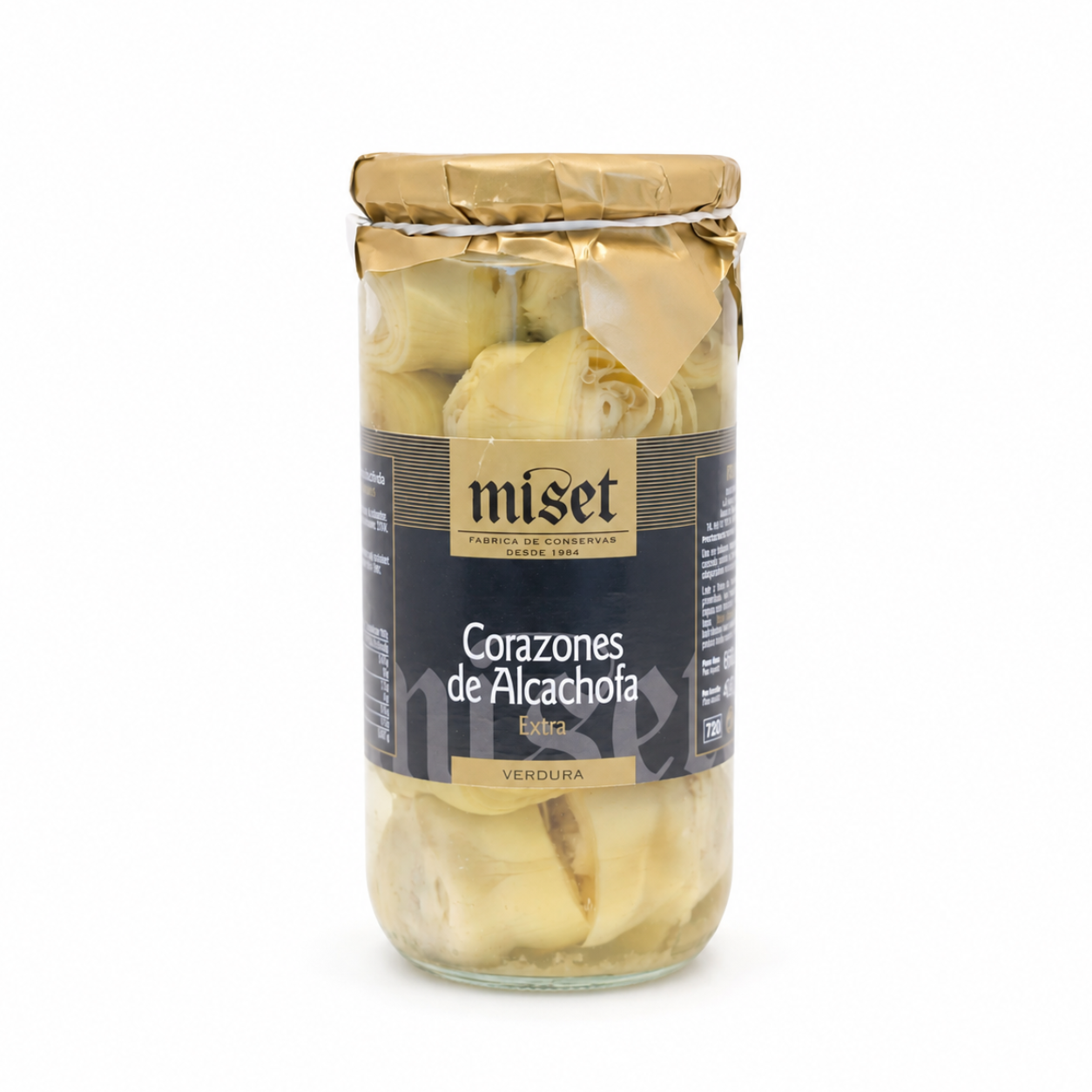 Jar of Miset artichoke hearts on a white background